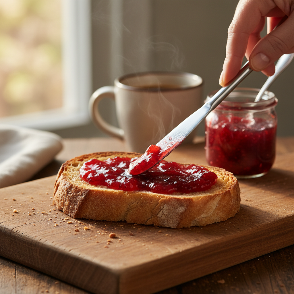Strawberry preserve spread on warm artisan toast