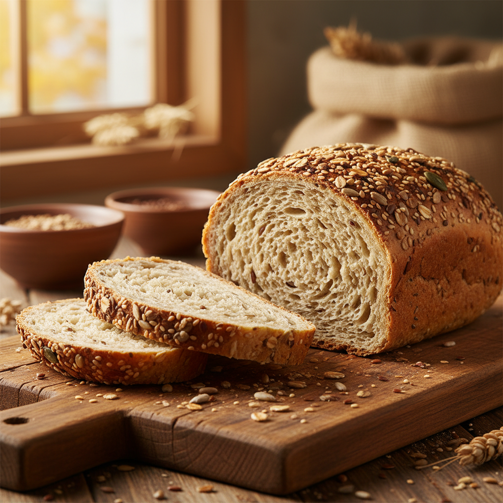 Vegan bread sliced showing wholesome seeded interior