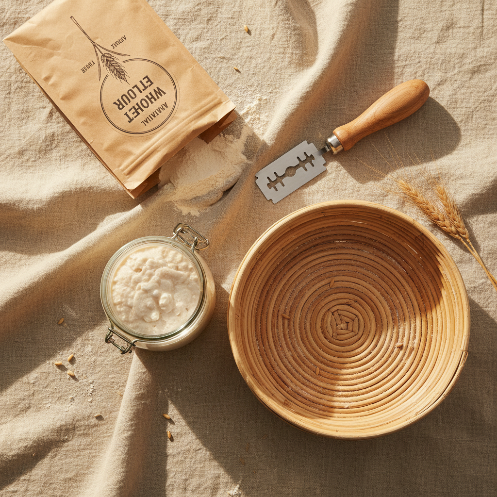 Sourdough lover's kit flat lay on linen cloth