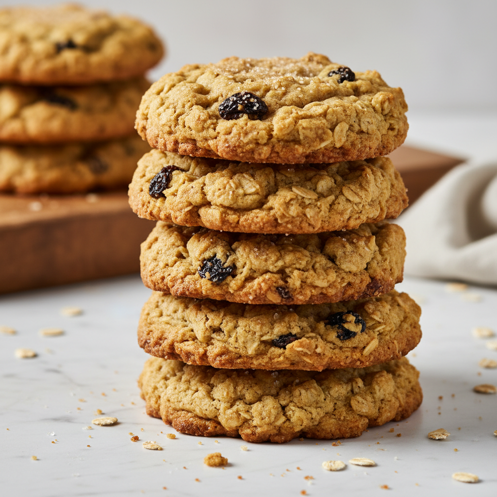 Stack of golden oatmeal cookies on white marble